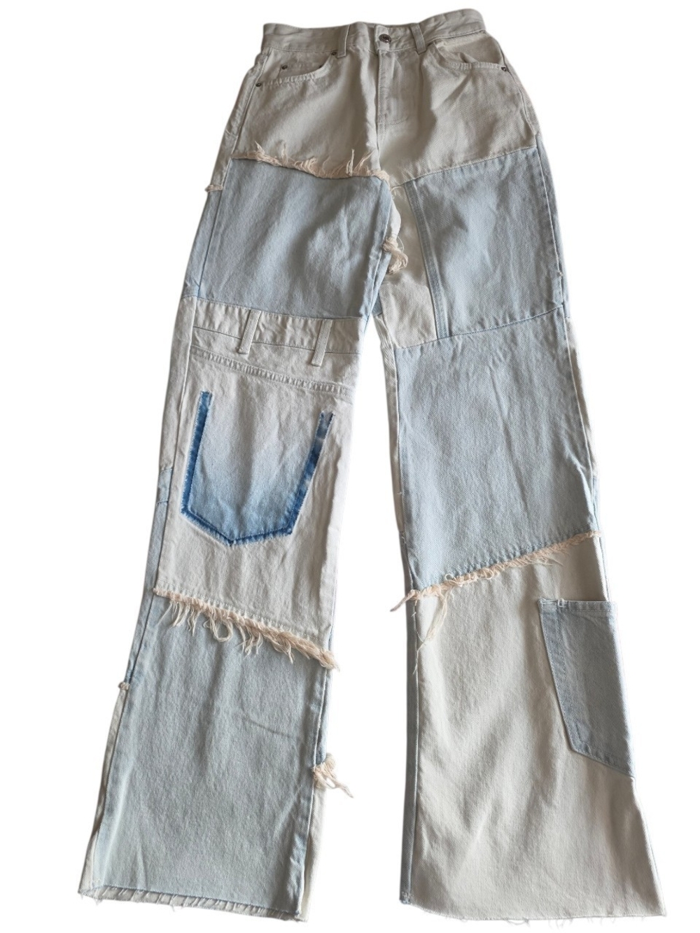Bershka Patchwork Baggy Wide-Leg Jeans in Light Blue and Cream 00